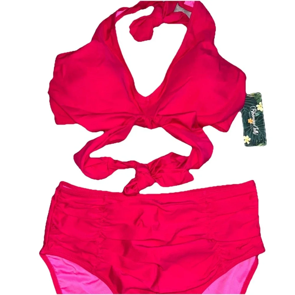 Blooming Jelly Two Piece Ruched Bikini Set‎ Womens Medium Red Beach High-Waisted